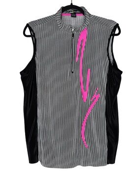 Jamie Sadock Golf Top Large Sleeveless Zip Striped Pink Black Stretch Crinkle